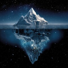 Obraz premium A majestic iceberg, half submerged, reveals a cosmos beneath the surface against a starry night