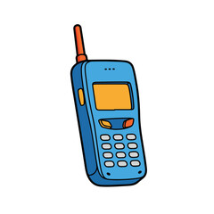 A cartoonstyle blue cellphone with an orange antenna screen and buttons is shown