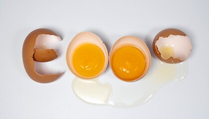 Fresh cracked eggs with vibrant golden yolks spill onto clean white surface, ready for cooking