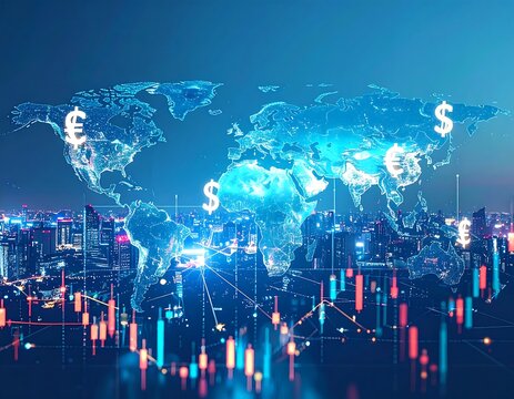 Global financial network overlaid on a world map