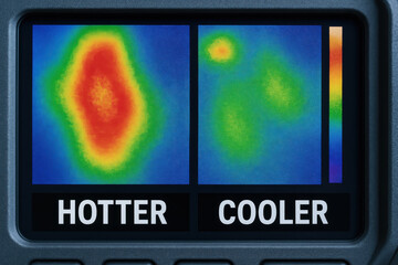Thermal test result comparison in industry context with hotter and cooler temperature zones displayed on digital screen