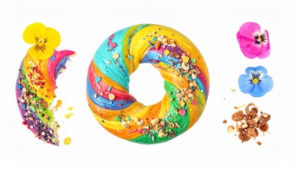 Vibrant rainbow bagel bursting with colorful sprinkles and edible flowers creates a joyous breakfast moment