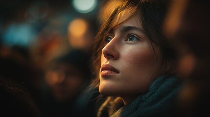 Serene Contemplation Amidst a Crowd: A focused woman gazes with a contemplative expression, her face illuminated by soft light, lost in thought.