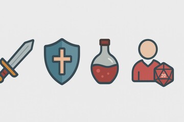Dungeons and Dragons game elements including a sword shield potion and character icon