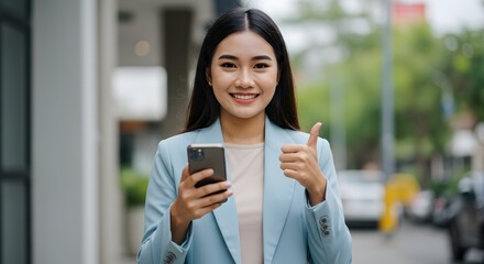 Fototapeta premium Happy Asian Businesswoman with Smartphone Showing Thumbs Up