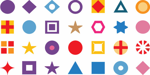 A collection of colorful geometric shapes and symbols on a white background