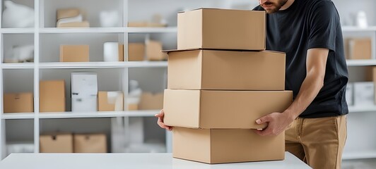 Dedicated worker carefully stacks cardboard boxes in a clean, organized warehouse environment