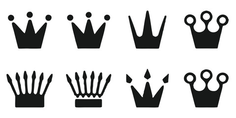 Collection of eight black royal crown icons on a black background