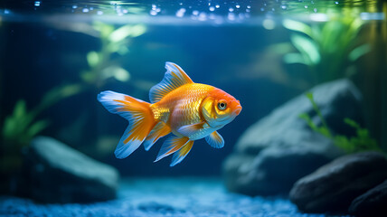 Beautiful goldfish swimming in aquarium underwater