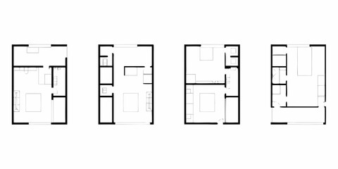 Four simple black and white floor plan illustrations of apartments with bedrooms and living areas