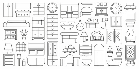 Collection of simple line art icons representing various furniture and home decor items