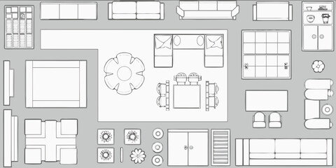Top view sketch of a modern living room and dining area layout with furniture and decor elements