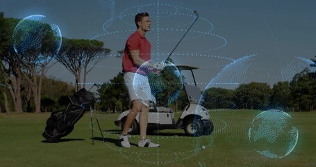 Golfer shifting weight forward initiating takeaway on fairway with sports tech globe guiding swing - Powered by Adobe