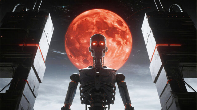 Red Moon Intimidating robotic sentinel with glowing eyes stands before a massive blood-red moon on a desolate alien planet, hinting at futuristic conflict and cosmic dread.