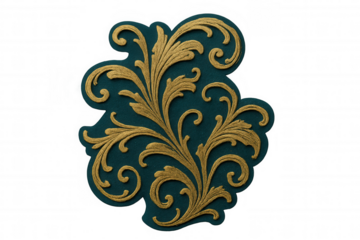 Golden floral ornament resting against teal backdrop, offering sophisticated decorative element with transparent overlay, ideal for graphic design needs