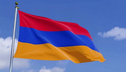 A vivid depiction of the Armenian national flag billowing proudly in a clear blue sky, showcasing its vibrant red, blue, and gold colors.