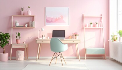 Cozy Minimalist Home Office with Pink Walls and Stylish Decor