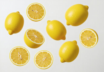 Fototapeta premium AI-generated realistic images of floating lemons captured in a studio setting.