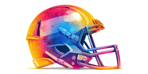 Vibrant, stylized illustration of American football helmet showcases colorful gradient design, blending shades of red, blue, and yellow. artistic rendering captures dynamic spirit of sport