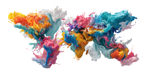 Vibrant and dynamic 3D illustration of colorful world map, featuring splashes of vivid colors like blue, pink, orange, and yellow, creating abstract and artistic representation