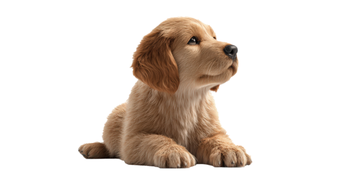 Realistic 3D illustration of golden retriever puppy lying down, looking upwards with curious expression. puppy fur is soft and fluffy, capturing lifelike appearance