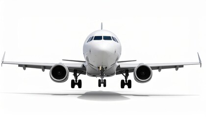 Obraz premium High-resolution image of a commercial airplane from the front, isolated on white, ideal for aviation and travel themes.