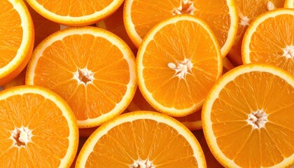 Close-up of fresh orange slices arranged in a vibrant pattern, showcasing juicy textures and bright colors.