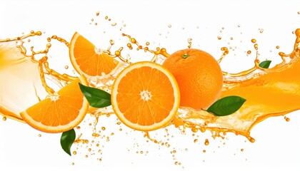 Juicy oranges with splashing juice, showcasing freshness and vibrant colors, isolated on a white background.
