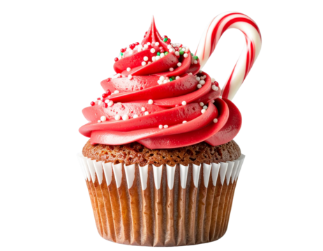Christmas Cupcake with Red Frosting and Candy Cane Topper, Front View, Transparent PNG