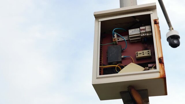 Outdoor electrical control box for a CCTV security camera system. Open enclosure showing messy wiring, power supply, and network components on a pole against a cloudy sky.