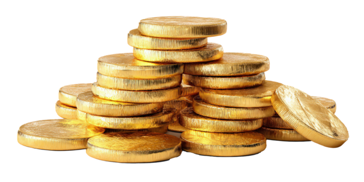 Realistic 3D illustration of pile of golden coins, stacked in shiny and luxurious manner, symbolizing wealth and prosperity. coins are detailed and reflective