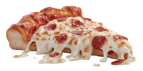 Delicious slice of pizza with melting cheese and pepperoni, featuring thick crust and gooey texture, evokes sense of indulgence and satisfaction