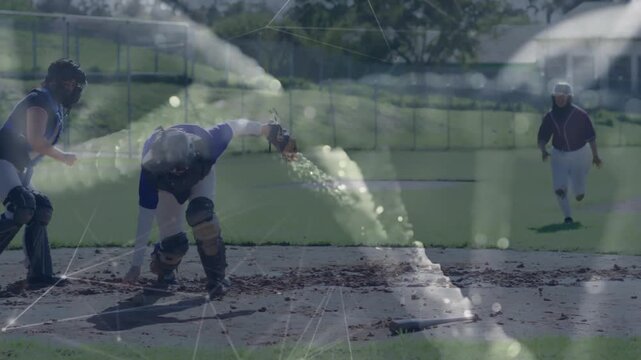 Baseball throw bouncing off glove causing catcher scooping ball and preparing tag preventing run