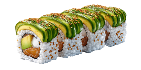 Row of sushi rolls topped with avocado and sesame seeds, filled with salmon and cream cheese, isolated on transparency background. vibrant colors and textures create appetizing appearance