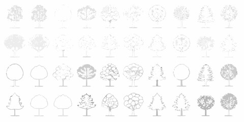 Collection of stylized trees in various shapes and shades of gray for design and illustration