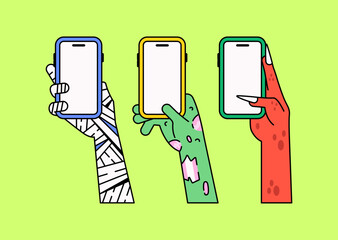 Cartoon monster hands holding smartphone devices vector illustration