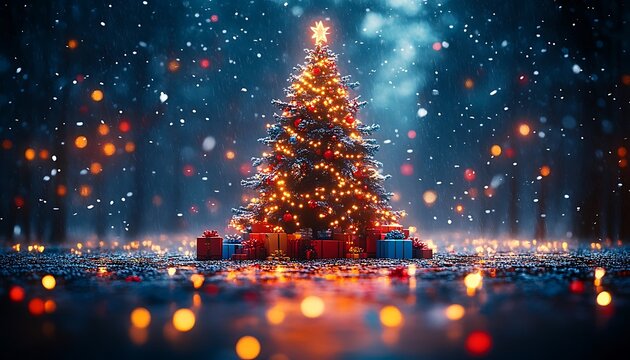 Decorated Christmas tree with glowing lights and gifts in falling snow ornaments star