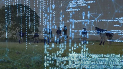 Following coach cues, baseball team executing stretching routine on field with holographic overlay - Powered by Adobe