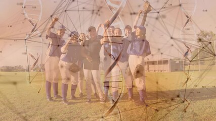 Left player raising arm while baseball team lifting gloves and fists cheering under DNA overlay - Powered by Adobe