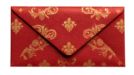 Elegant red envelope with golden floral patterns isolated on transparent background.