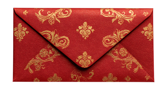 Elegant red envelope with golden floral patterns isolated on transparent background.