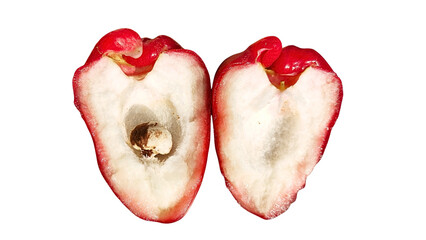 High quality photo of red water apple fruit sliced ​​in half on transparent background, showing...