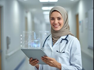 Young muslim female doctor wearing hijab and stethoscope smiles holding tablet in hospital corridor