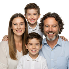 Fototapeta premium Happy family of four, with smiling parents and their two cheerful sons, radiating warmth and togetherness in a bright studio portrait