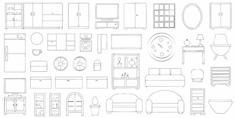 Collection of hand drawn furniture and home decor items in a simple outline style