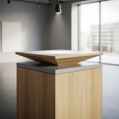Fototapeta premium Modern wooden display stand in a light-filled gallery space.