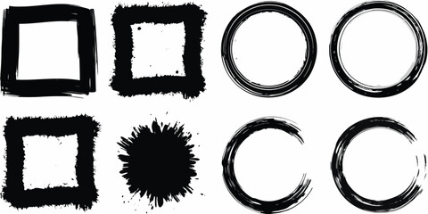 Collection of black grunge brush stroke frames and circles with textured edges on white background