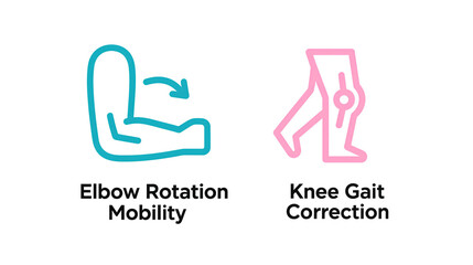 The elbow and knee icons represent the concept of exercise and health, which emphasizes the flexibility of elbow rotation and knee gait correction. They are used in sports and health promotion 