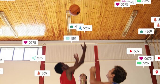 Referee girl blowing whistle tip-off icons multiplying fading as player securing ball in marketing