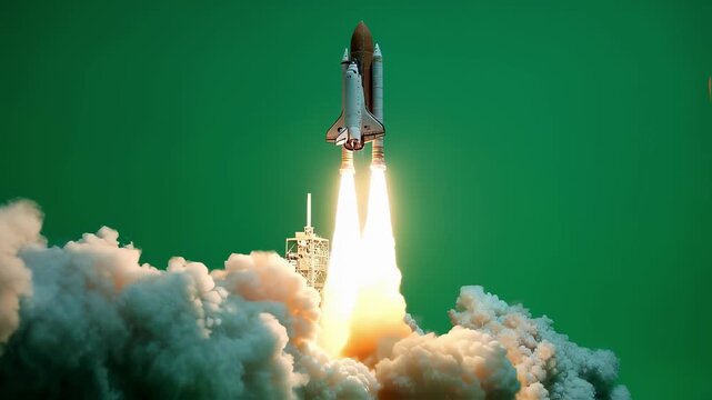 Dramatic upward motion of a shuttle launch accentuating thrust and movement filmed on green screen to enable dynamic scene compositing in video productions.